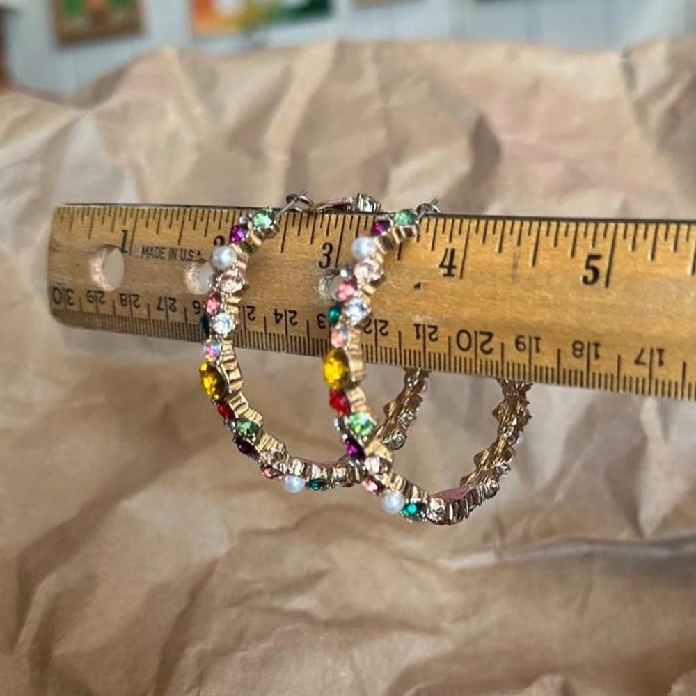 Multicolored Rhinestone Hoop Earrings - Picture 3 of 3